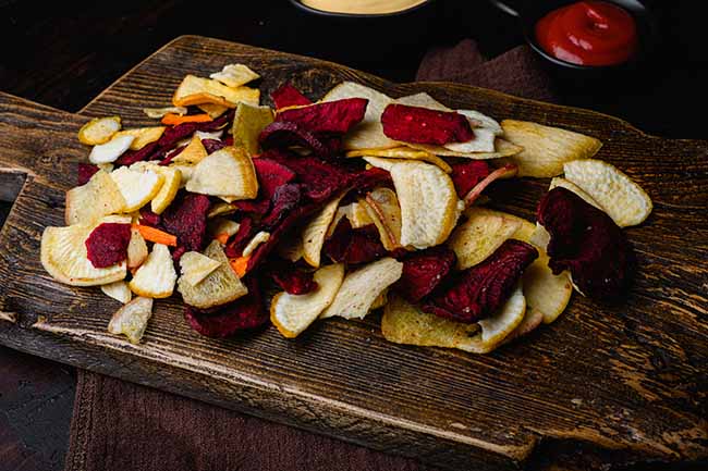 dried-vegetables-chips-black-wooden-table-background