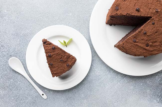 top-view-chocolate-cake-slice-with-spoon-mint